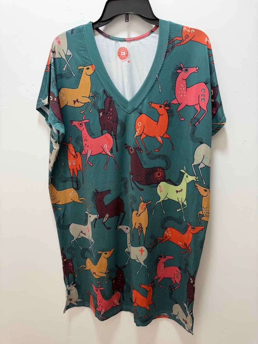 Double D Ranch Teal Midi Dress with Orange, Pink, Yellow and Brown Horse Print